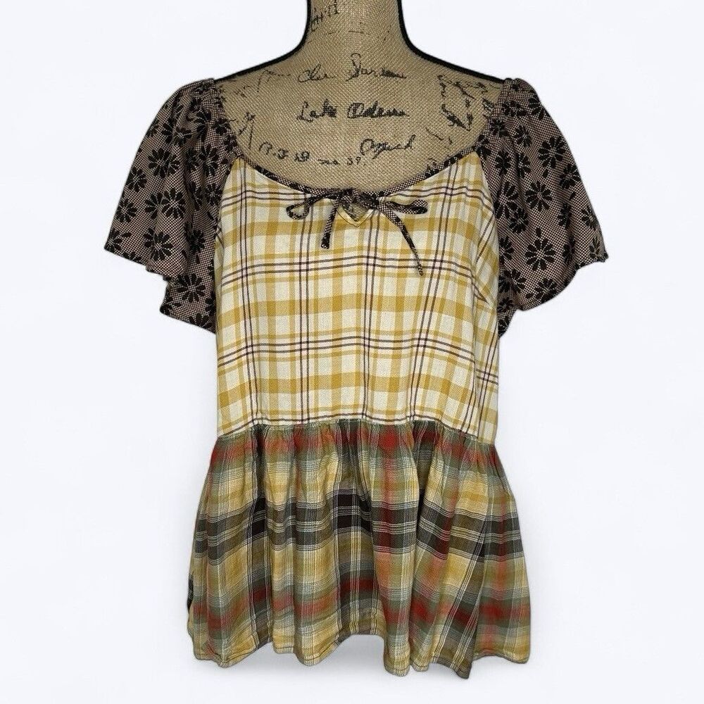 Cato Peasant Blouse XL‎ Mixed Patchwork Print Flutter Sleeve Prairie Cottagecore